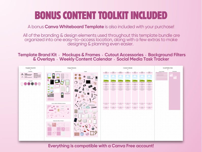 K&ouml;nnte beinhalten: Ein digitales Design-Toolkit mit einer Canva-Whiteboard-Vorlage, die Abschnitte f&uuml;r ein Marken-Kit, Mockups, Rahmen, Zubeh&ouml;r, Hintergrundfilter, Overlays, einen w&ouml;chentlichen Inhaltskalender und einen Social-Media-Aufgaben-Tracker enth&auml;lt.