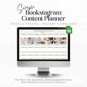 May include: A computer screen displaying a Google Sheets spreadsheet titled "Bookstagram Content Planner". The spreadsheet is divided into a grid with 28 squares, each representing a day of the month. The spreadsheet is designed to help bookstagrammers plan their content for the month.