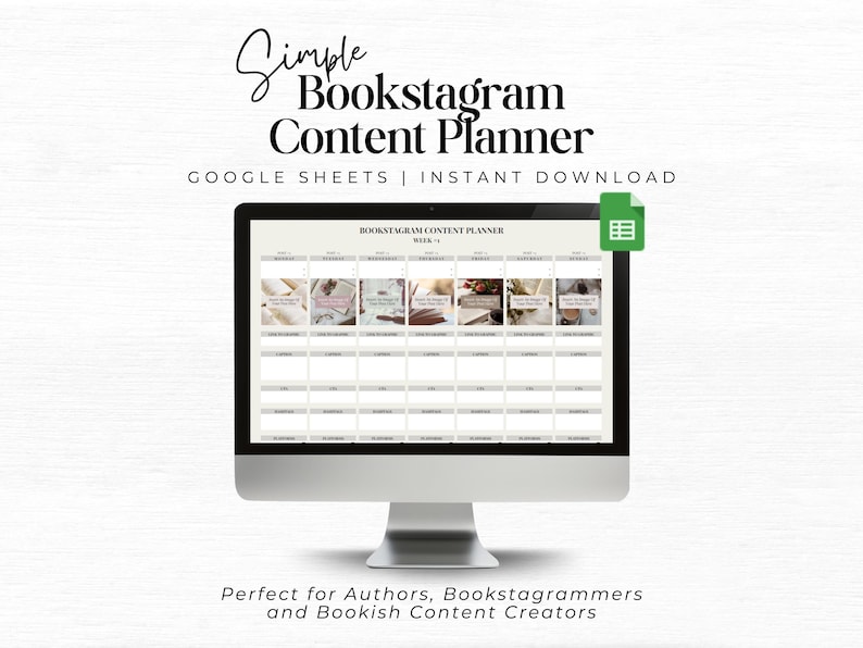 May include: A computer screen displaying a Google Sheets spreadsheet titled "Bookstagram Content Planner". The spreadsheet is divided into a grid with 28 squares, each representing a day of the month. The spreadsheet is designed to help bookstagrammers plan their content for the month.