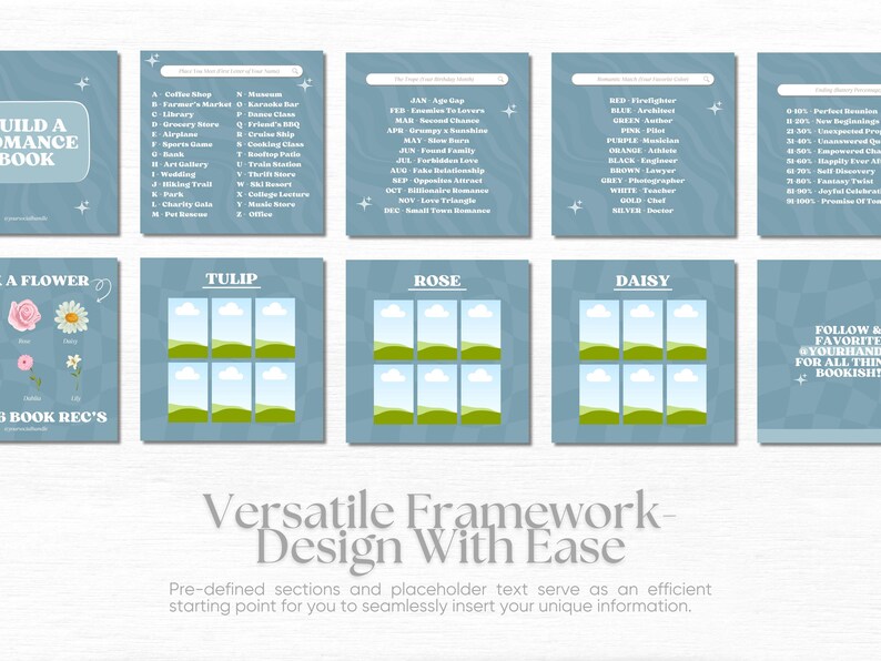 May include: A blue and white printable template for building a romance book. The template includes sections for a flower, a month, a color, and a profession. The template also includes a section for book recommendations. The text on the template says "Build a Romance Book", "Follow Your Favorite @YourHandle for all things Bookish", and "3 Book Rec's".