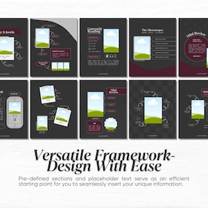 May include: A set of eight black and white digital planner templates with a variety of designs. The templates feature a landscape scene with a green hill, blue sky, and white clouds. The templates are designed for use with digital planners and include sections for quick reviews, mini reviews, audiobook reviews, and more.