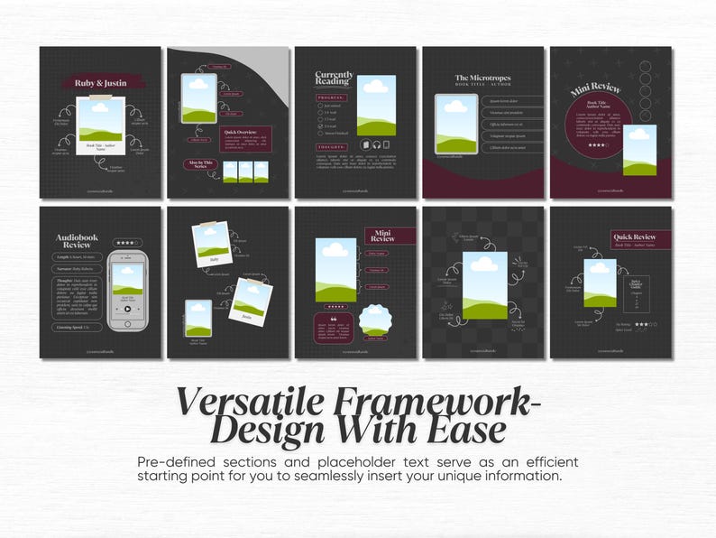 May include: A set of eight black and white digital planner templates with a variety of designs. The templates feature a landscape scene with a green hill, blue sky, and white clouds. The templates are designed for use with digital planners and include sections for quick reviews, mini reviews, audiobook reviews, and more.