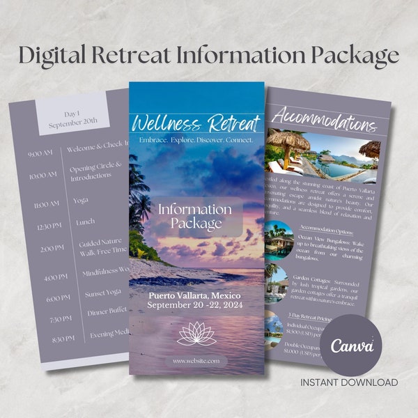 Wellness Retreat Information Template Package | Yoga Retreat Promotion | Digital Retreat Itinerary | Editable in Canva | Instant Download