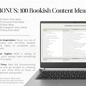 May include: A laptop computer screen displays a list of 100 bookish content ideas for social media. The list includes ideas for static posts, carousel posts, reels, Instagram stories, and blog posts. The text on the screen reads "BOOKISH CONTENT IDEAS".