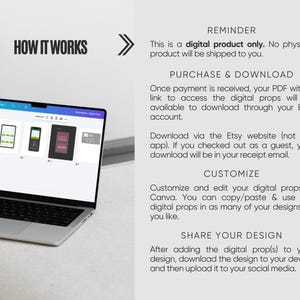 May include: A laptop displaying a digital design with various device mockups. The screen shows a phone, tablet, and other digital props. Text on the screen reads "HOW IT WORKS". The image is promoting a digital product.