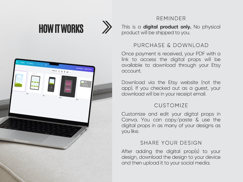 May include: A laptop displaying a digital design with various device mockups. The screen shows a phone, tablet, and other digital props. Text on the screen reads "HOW IT WORKS". The image is promoting a digital product.
