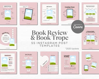 May include: A set of 55 pink and green Instagram post templates for book reviews and book tropes. The templates feature illustrations of books, clouds, and landscapes. The text "Book Review & Book Trope" is displayed in a large, bold font. The text "55 Instagram Post Templates" is displayed in a smaller font. The text "*2025 Update" is displayed in a smaller font.
