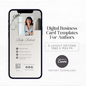 May include: A digital business card template for authors displayed on a smartphone screen. The card features a photo of a woman, the name "Ruby Roberts," and contact information. Text on the right side reads "Digital Business Card Templates For Authors."