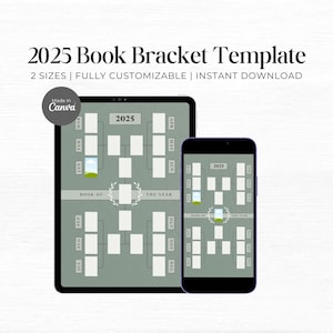 Puede incluir: Una plantilla de bracket de libros 2025 imprimible en dos tamaños. La plantilla está diseñada en un esquema de color verde con casillas blancas para rellenar los títulos de los libros. La plantilla está hecha en Canva e incluye el texto "2025 Book Bracket Template" y "2 SIZES | FULLY CUSTOMIZABLE | INSTANT DOWNLOAD".