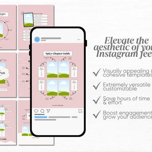 May include: A pink and white digital template for Instagram featuring a chapter guide with a green and blue landscape illustration. The text "Spicy Chapter Guide" is at the top of the template. The text "Elevate the aesthetic of your Instagram feed" is in a larger font size and is located on the right side of the image. Below the text are four check marks with the following text: "Visually appealing & cohesive templates", "Extremely versatile & customizable", "Save hours of time & effort", and "Boost engagement & grow your audience".