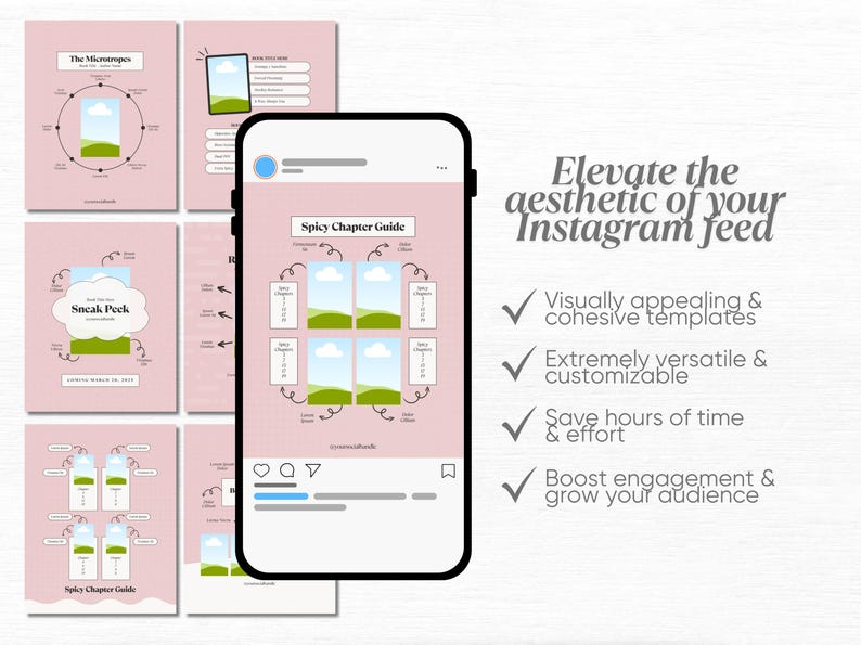 May include: A pink and white digital template for Instagram featuring a chapter guide with a green and blue landscape illustration. The text "Spicy Chapter Guide" is at the top of the template. The text "Elevate the aesthetic of your Instagram feed" is in a larger font size and is located on the right side of the image. Below the text are four check marks with the following text: "Visually appealing & cohesive templates", "Extremely versatile & customizable", "Save hours of time & effort", and "Boost engagement & grow your audience".