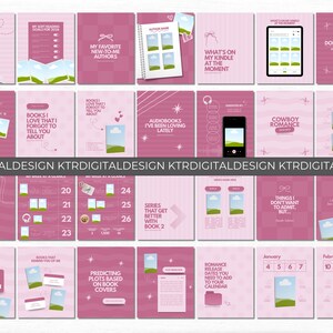 May include: A collection of digital reading planner templates in shades of pink and white, featuring various layouts for tracking books, reading goals for 2026, audiobooks, and monthly calendars, all labeled with text like My Soft Reading Goals for 2026.