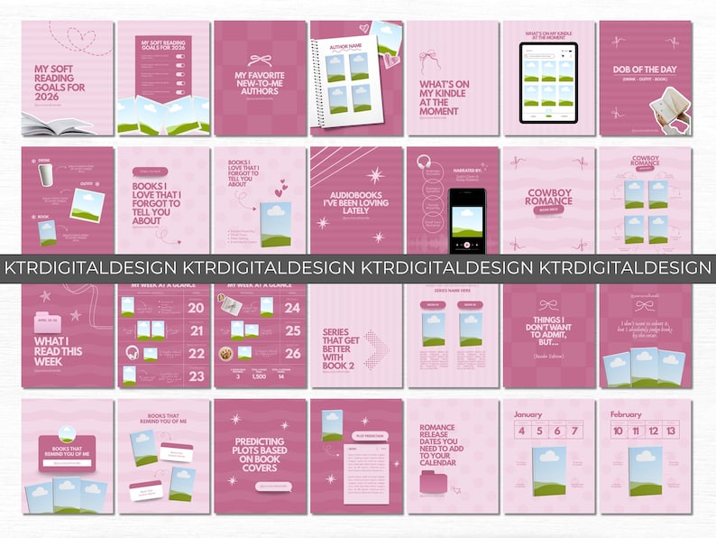 May include: A collection of digital reading planner templates in shades of pink and white, featuring various layouts for tracking books, reading goals for 2026, audiobooks, and monthly calendars, all labeled with text like My Soft Reading Goals for 2026.