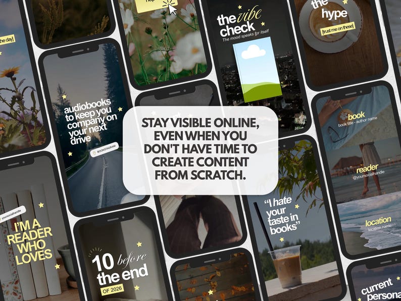 K&ouml;nnte beinhalten: Eine Sammlung digitaler Social-Media-Vorlagen auf Smartphone-Bildschirmen, die verschiedene Layouts mit Texteinblendungen wie 'the vibe check', 'audiobooks to keep you company' und 'stay visible online, even when you don't have time' zeigen.