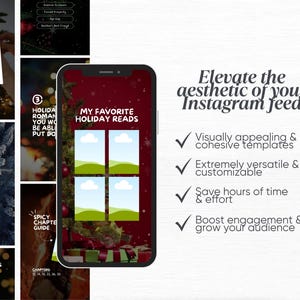 May include: A smartphone displays a holiday-themed Instagram template with the text "MY FAVORITE HOLIDAY READS." The image also includes other templates and the text "Elevate the aesthetic of your Instagram feed."