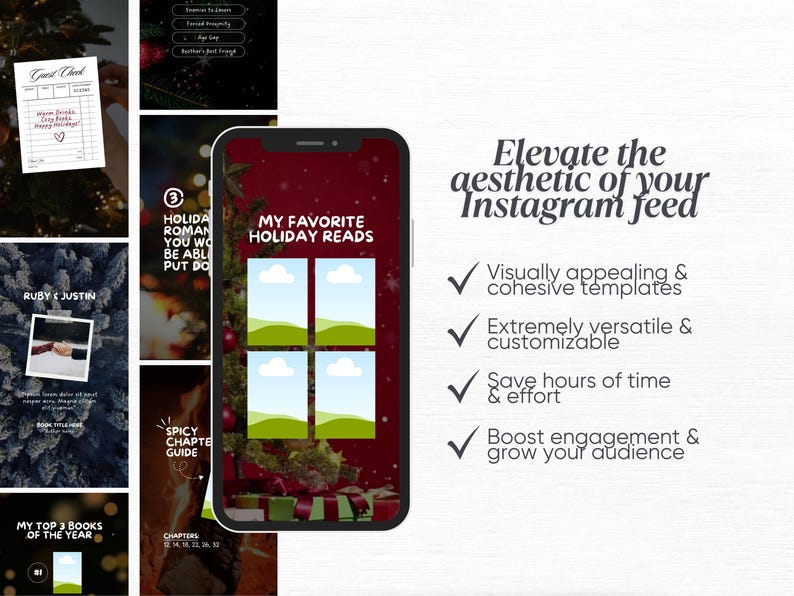 May include: A smartphone displays a holiday-themed Instagram template with the text "MY FAVORITE HOLIDAY READS." The image also includes other templates and the text "Elevate the aesthetic of your Instagram feed."