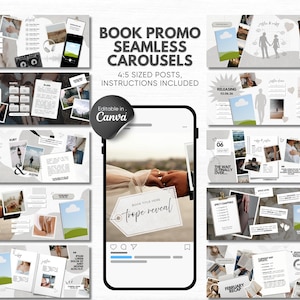 Könnte beinhalten: Ein digitales Produkt-Mockup mit einem Smartphone, das ein Buchcover-Reveal-Design zeigt. Das Bild enthält verschiedene Social-Media-Post-Vorlagen mit Text- und Foto-Platzhaltern, die für ein Buch werben. Der Text enthält "BOOK PROMO SEAMLESS CAROUSELS" und "Editable in Canva."