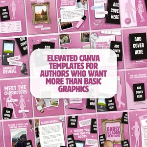 K&ouml;nnte beinhalten: Eine Sammlung digitaler Marketing-Vorlagen f&uuml;r Autoren mit einem rosa-wei&szlig;en Farbschema. Die Layouts enthalten Platzhalter f&uuml;r Buchcover, Charakterprofile und Leserrezensionen sowie Text&uuml;berlagerungen wie Elevated Canva Templates.