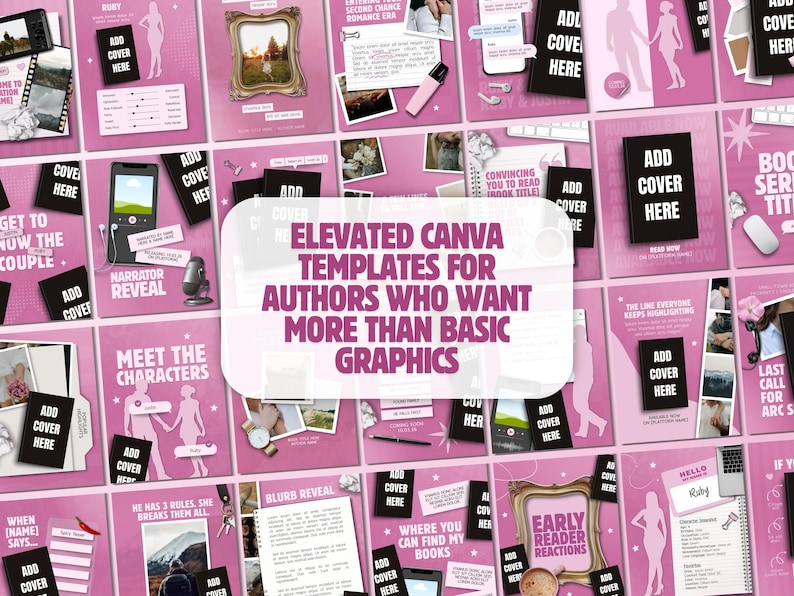 K&ouml;nnte beinhalten: Eine Sammlung digitaler Marketing-Vorlagen f&uuml;r Autoren mit einem rosa-wei&szlig;en Farbschema. Die Layouts enthalten Platzhalter f&uuml;r Buchcover, Charakterprofile und Leserrezensionen sowie Text&uuml;berlagerungen wie Elevated Canva Templates.