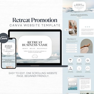 May include: A website template for a retreat business. The template is designed in a light blue and white colour scheme with a cloud background. The text on the template reads "Retreat Business Name", "Reset, Relax, Reconnect", and "Easy to Edit. One Scrolling Website Page. Beginner Friendly."