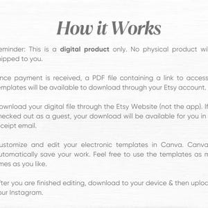 Puede incluir: Fondo blanco con el texto "How it Works" en una fuente gris oscuro y estilizada. El texto explica el proceso de descarga y uso de plantillas digitales de Etsy, incluyendo el acceso al archivo PDF, la edici&oacute;n en Canva y la subida a Instagram.