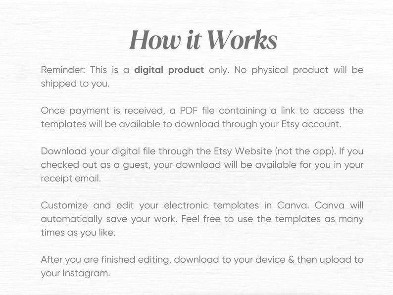 Puede incluir: Fondo blanco con el texto "How it Works" en una fuente gris oscuro y estilizada. El texto explica el proceso de descarga y uso de plantillas digitales de Etsy, incluyendo el acceso al archivo PDF, la edici&oacute;n en Canva y la subida a Instagram.
