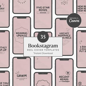 Könnte beinhalten: Eine Sammlung von 35 Bookstagram Reel Cover Vorlagen, dargestellt als rosa Smartphone-Mockups. Die Vorlagen zeigen Text-Overlays wie "Trope Tuesday", "Five-Star Reads" und "Monthly Wrap-Up". Das Design enthält editierbare Elemente in Canva.