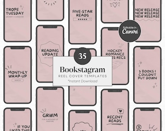 May include: A collection of 35 digital Bookstagram reel cover templates featuring a dusty pink background and black hand-drawn style text. The templates include various phrases like Trope Tuesday, Five-Star Reads, and Hockey Romance, with an editable Canva badge.