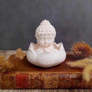 May include: A white Buddha statue seated in a lotus flower. The statue is on top of a vintage book with red lettering. Dried flowers and plants are arranged around the statue, creating a serene and decorative display.