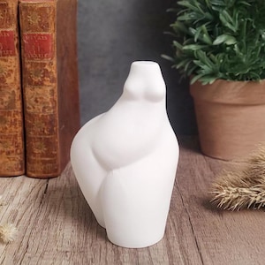 May include: A white ceramic vase in the shape of a female form. The vase has a smooth, matte finish and is placed on a wooden surface. The background includes old books and a potted plant.