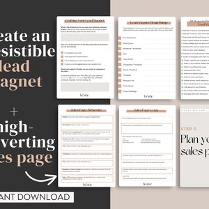 May include: A digital download guide with the text "Create an irresistible lead magnet + high-converting sales page" in a brown and white color scheme. The guide includes tips on creating a lead magnet, promoting it, and planning a sales page.