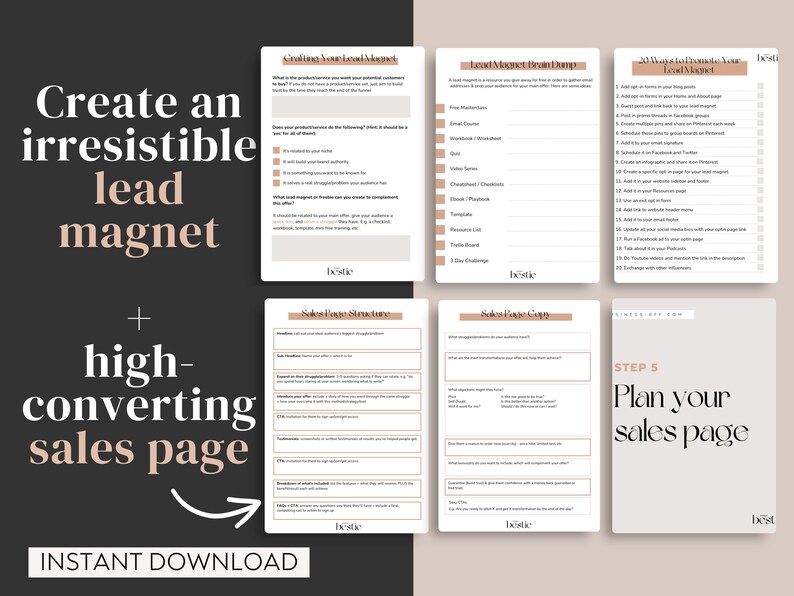 May include: A digital download guide with the text "Create an irresistible lead magnet + high-converting sales page" in a brown and white color scheme. The guide includes tips on creating a lead magnet, promoting it, and planning a sales page.