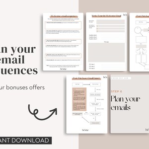 May include: A printable worksheet with the text "Plan your email sequences and your bonuses offers" in black text on a light brown background. The worksheet is divided into sections with titles such as "Welcome email sequence", "Write your 1st Welcome Email", and "Post Purchase Email Funnel".