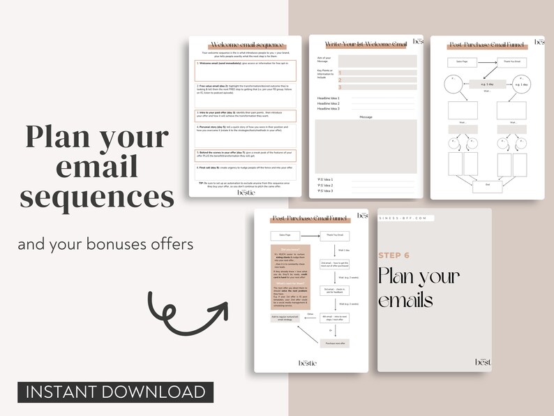 May include: A printable worksheet with the text "Plan your email sequences and your bonuses offers" in black text on a light brown background. The worksheet is divided into sections with titles such as "Welcome email sequence", "Write your 1st Welcome Email", and "Post Purchase Email Funnel".