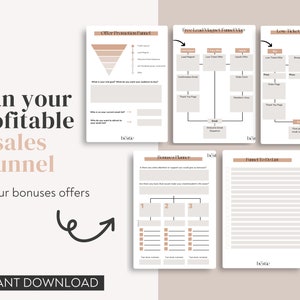 May include: A printable worksheet with the title "Plan your profitable sales funnel and your bonuses offers" with a graphic of a sales funnel and a to-do list. The worksheet is designed to help businesses plan their sales funnels and bonus offers.