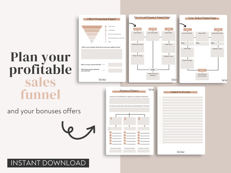 May include: A printable worksheet with the title "Plan your profitable sales funnel and your bonuses offers" with a graphic of a sales funnel and a to-do list. The worksheet is designed to help businesses plan their sales funnels and bonus offers.