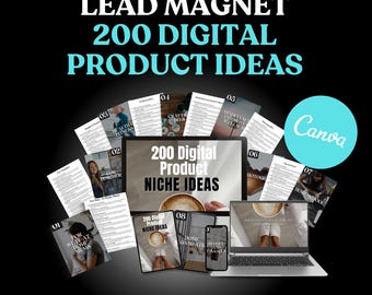 Könnte beinhalten: Ein Lead-Magnet mit digitalen Produktideen mit dem Text "200 digitale Produktideen für Nischen" auf einem Laptop-Bildschirm. Das Bild zeigt eine Vielzahl von digitalen Produkten, darunter E-Books, Arbeitsbücher und Checklisten, die alle in Canva anpassbar sind. Das Bild enthält auch den Text "In Canva anpassen - Sofortiger Download".