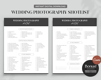 Wedding Photography Shot List - Photographer Shot List, Editable, CANVA Template, Wedding Shot List Template, Printable Wedding Checklist