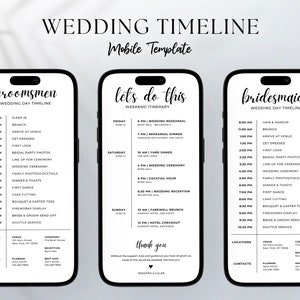 ウェディング パーティーのタイムライン、モバイル ウェディング スケジュール、CANVA テンプレート ウェディング スケジュール、テンプレート ウェディング ウィークエンド スケジュール、ブライダル パーティー