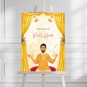 Panneau de bienvenue Haldi, panneau de signalisation Haldi, panneau de bienvenue Maiyan, panneau Haldi, modèle de panneaux Haldi, panneau de signalisation Maiyan, panneaux Pithi, CANVA