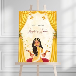 Panneau de bienvenue Haldi, panneau de signalisation Haldi, panneau de bienvenue Maiyan, panneau Haldi, modèle de panneaux Haldi, panneau de signalisation Maiyan, panneaux Pithi, CANVA