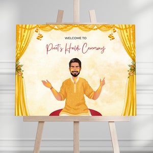 Modèle de plaque Haldi, enseignes Haldi, panneau de signalisation Haldi, plaque de bienvenue Haldi, Maiyaan, plaque de bienvenue pour la cérémonie Haldi, plaque de bienvenue Maiyan, CANVA