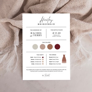 Bridesmaid Info Card Template, Bridal Party Info Card, Canva Template, Bridesmaid Information Card, Editable Bridal Party Information Card