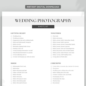 Lista de tomas de fotografías de bodas: editar en Canva, lista de verificación de fotos de bodas imprimibles, lista de tomas de fotógrafos de bodas, editable, plantilla CANVA