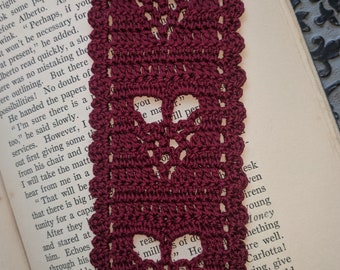 Bookmark crocheted heart maroon handmade 6 x 2 inches