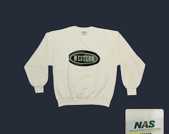 Vintage 90s Western College Sweatshirt: Oversized Balloon Sleeve Cream NAS棉 Blend