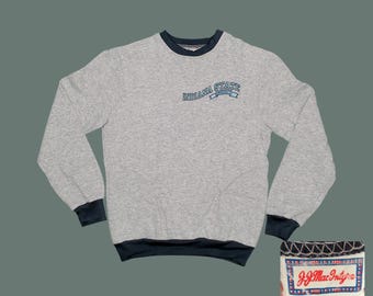 Vintage 1980s Indiana State University Sweatshirt | Gray Navy Ringer Pullover | 80s Collegiate V-Stitch | Women's Large