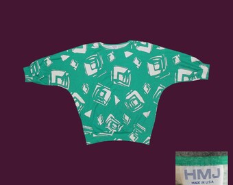 Vintage 80s Green Geometric Batwing Knit Top – Oversized Dolman Blouse HMJ