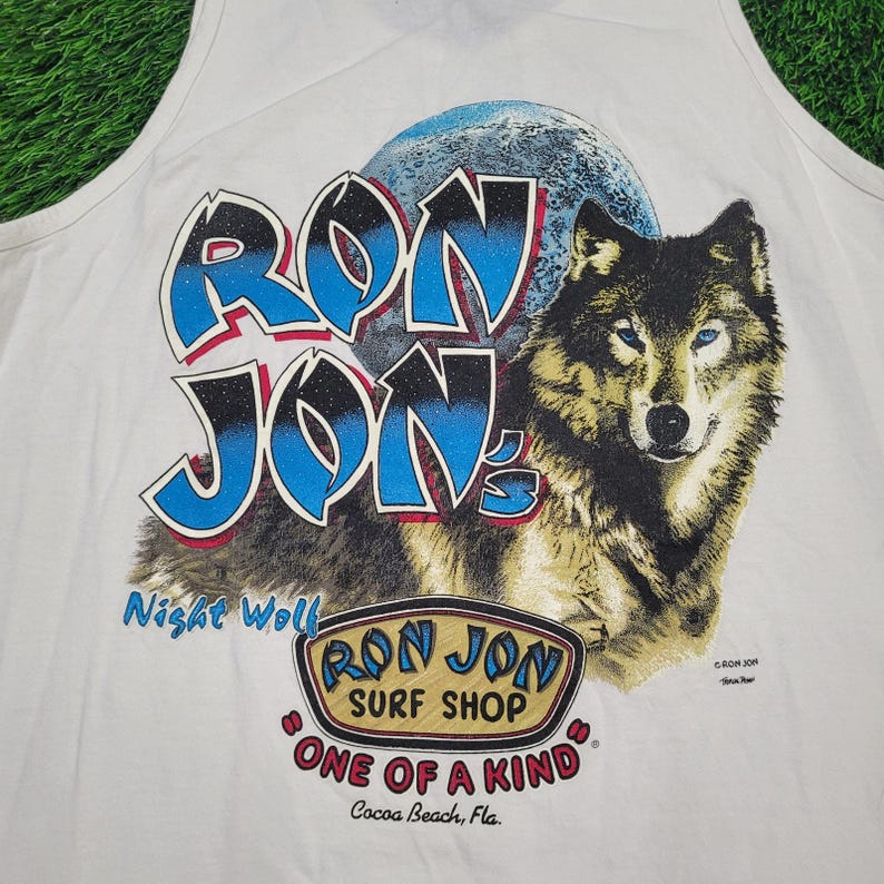 VTG 90s Ron Jon "Night Wolf" Tank Top Mens L Surfwear Cocoa Beach immagine 2