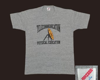 1980s Telecommunication Physical Education T-Shirt – Dark Heather Gray Tri Blend Tee (Medium)